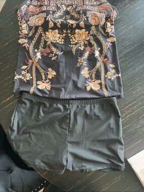 Floral Embroidered Black Satin Top with Bathing Suit. XL